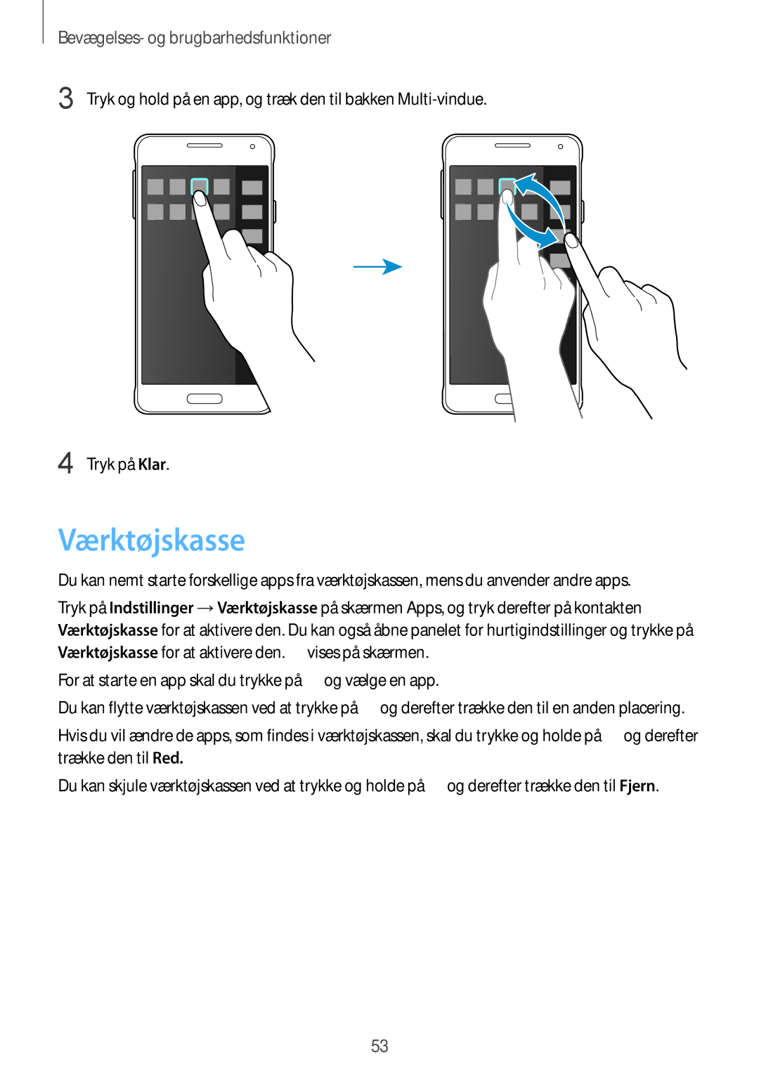 Samsung SM-G850FZKEHTS, SM-G850FZBENEE manual Værktøjskasse, For at starte en app skal du trykke på og vælge en app 