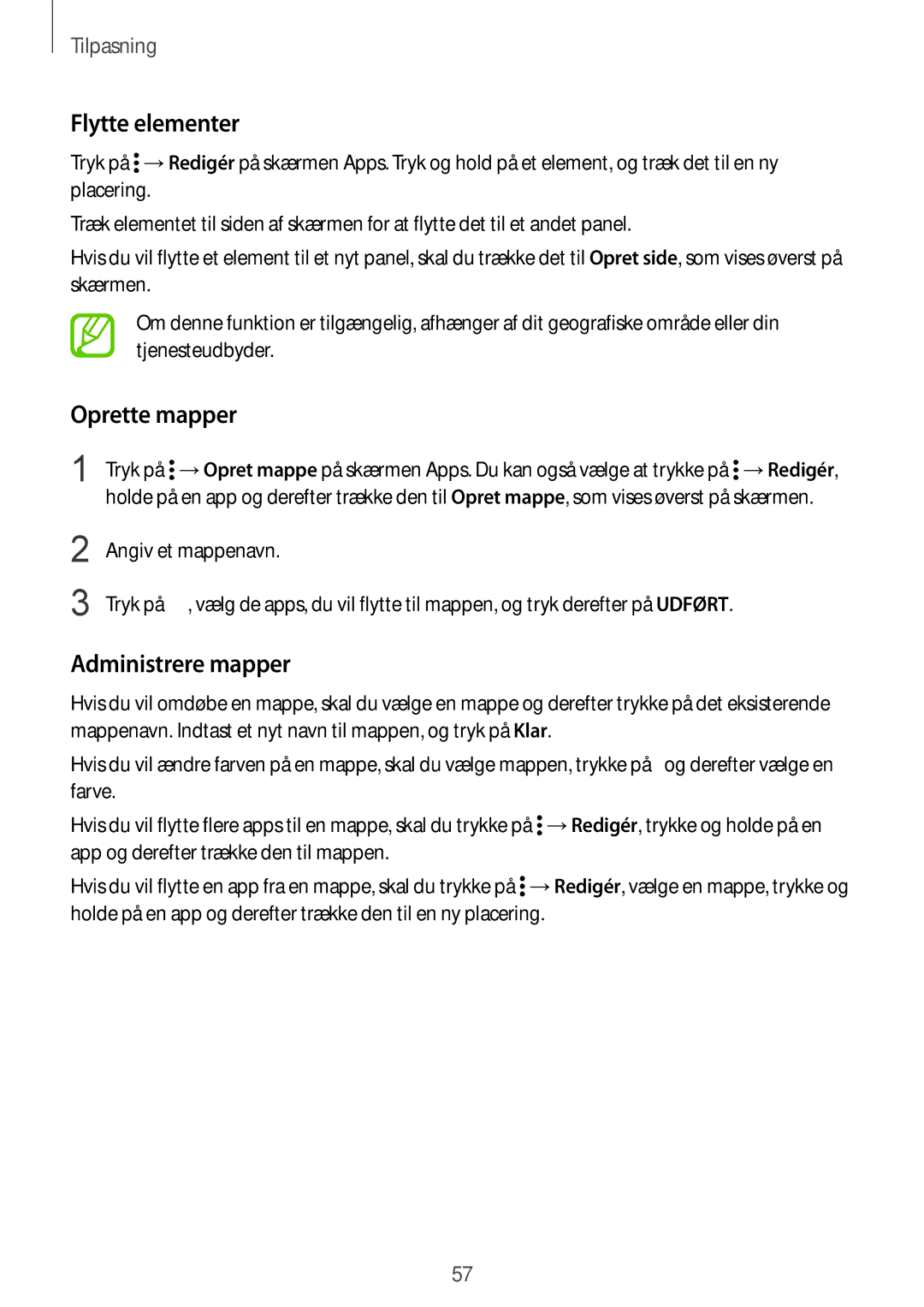 Samsung SM-G850FZBENEE, SM-G850FZKENEE, SM-G850FZDENEE, SM-G850FZWENEE, SM-G850FHSETEN manual Flytte elementer, Oprette mapper 