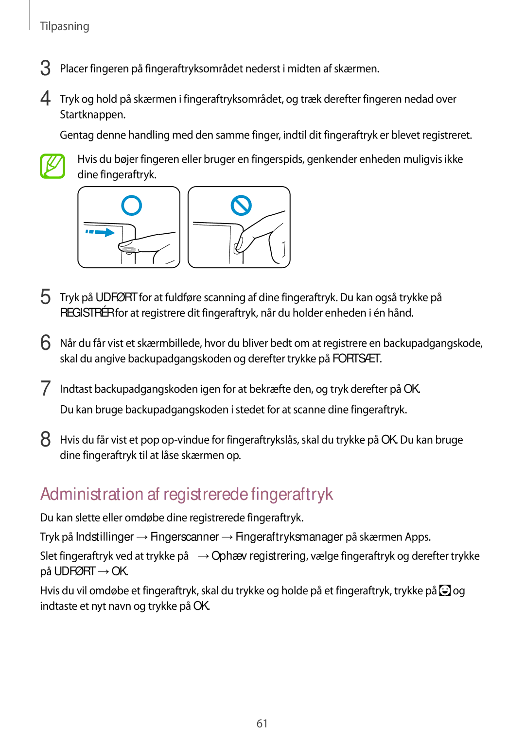 Samsung SM-G850FHSETEN manual Administration af registrerede fingeraftryk, Dine fingeraftryk til at låse skærmen op 