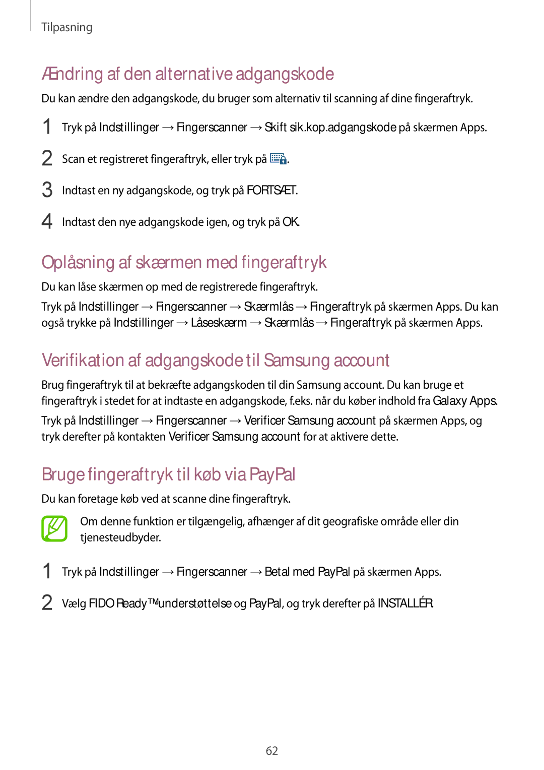 Samsung SM-G850FZDANEE, SM-G850FZBENEE manual Ændring af den alternative adgangskode, Oplåsning af skærmen med fingeraftryk 