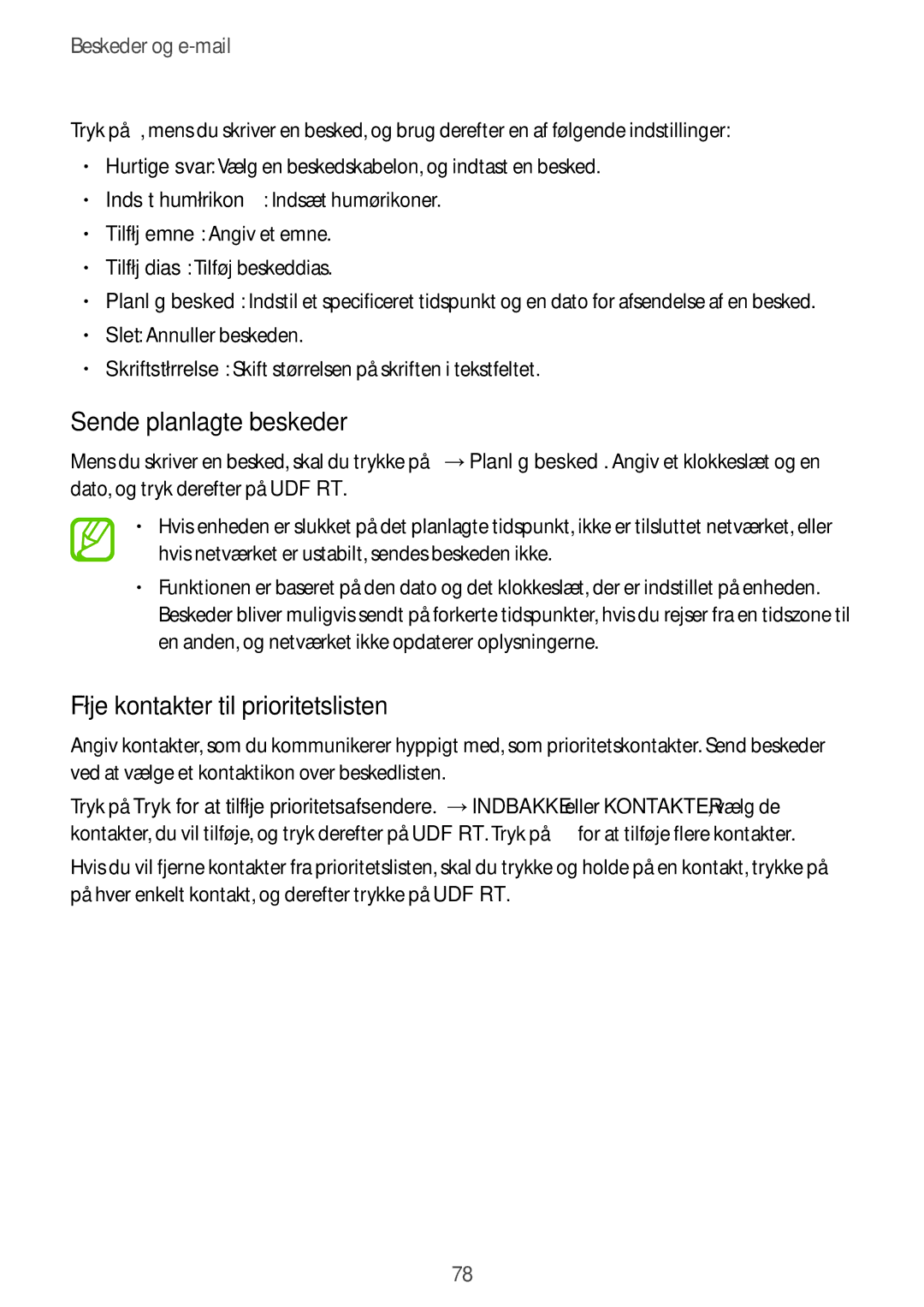 Samsung SM-G850FZDENEE, SM-G850FZBENEE, SM-G850FZKENEE manual Sende planlagte beskeder, Føje kontakter til prioritetslisten 