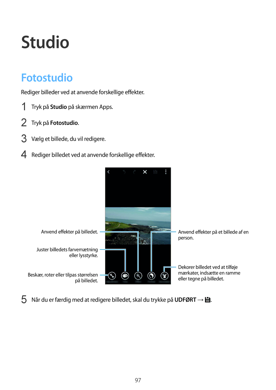 Samsung SM-G850FZDENEE, SM-G850FZBENEE, SM-G850FZKENEE, SM-G850FZWENEE, SM-G850FHSETEN manual Studio, Tryk på Fotostudio 