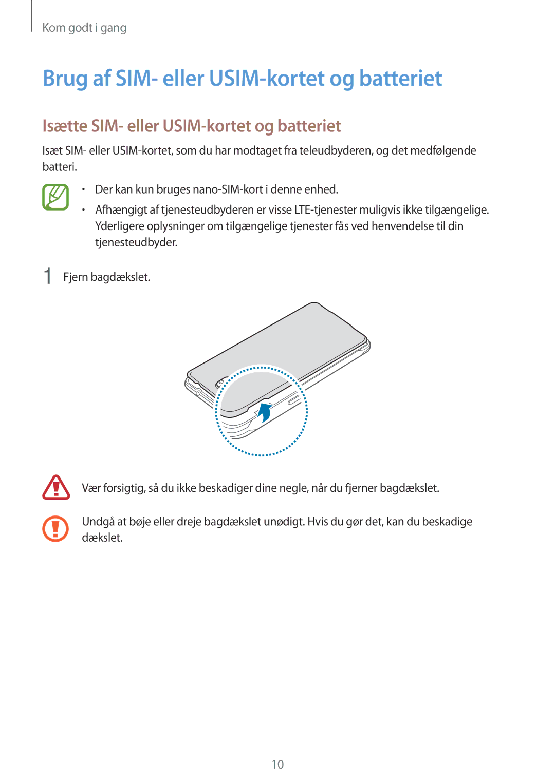 Samsung SM-G850FZKETEN manual Brug af SIM- eller USIM-kortet og batteriet, Isætte SIM- eller USIM-kortet og batteriet 