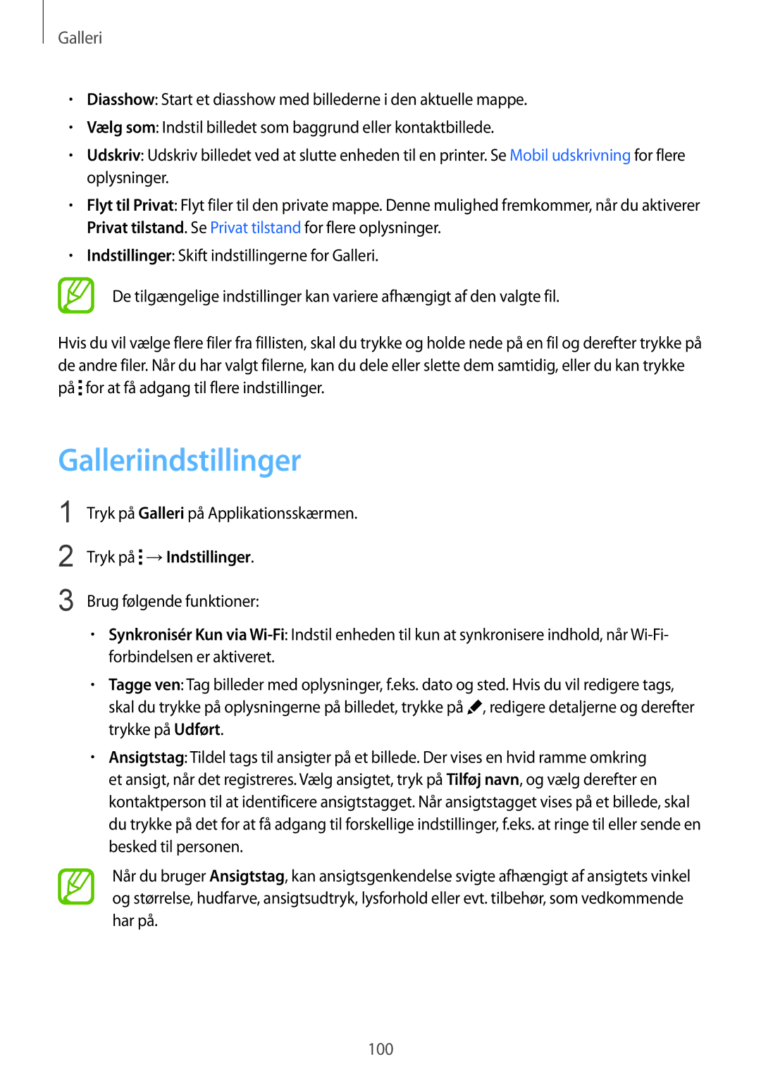 Samsung SM-G850FZDANEE, SM-G850FZBENEE manual Galleriindstillinger, Tryk på →Indstillinger, Brug følgende funktioner 