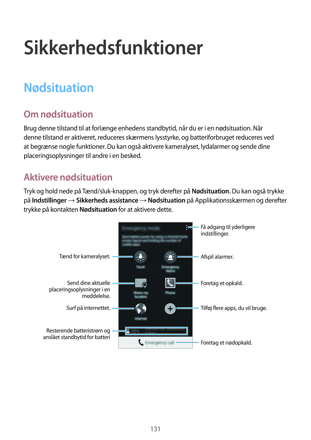 Samsung SM-G850FHSENEE, SM-G850FZBENEE manual Sikkerhedsfunktioner, Nødsituation, Om nødsituation, Aktivere nødsituation 
