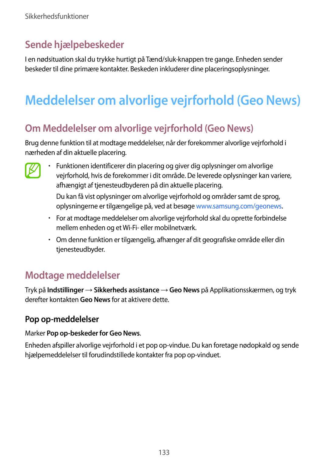 Samsung SM-G850FZBENEE manual Sende hjælpebeskeder, Om Meddelelser om alvorlige vejrforhold Geo News, Modtage meddelelser 