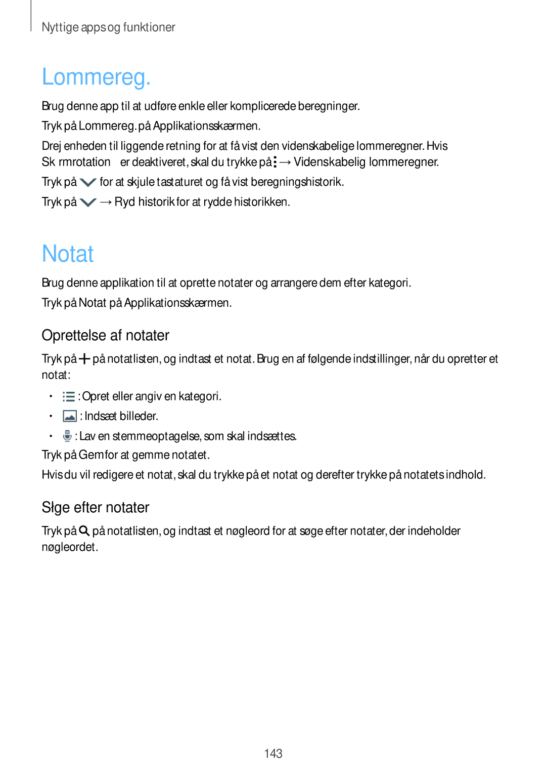 Samsung SM-G850FZKETEN, SM-G850FZBENEE, SM-G850FZKENEE manual Lommereg, Notat, Oprettelse af notater, Søge efter notater 