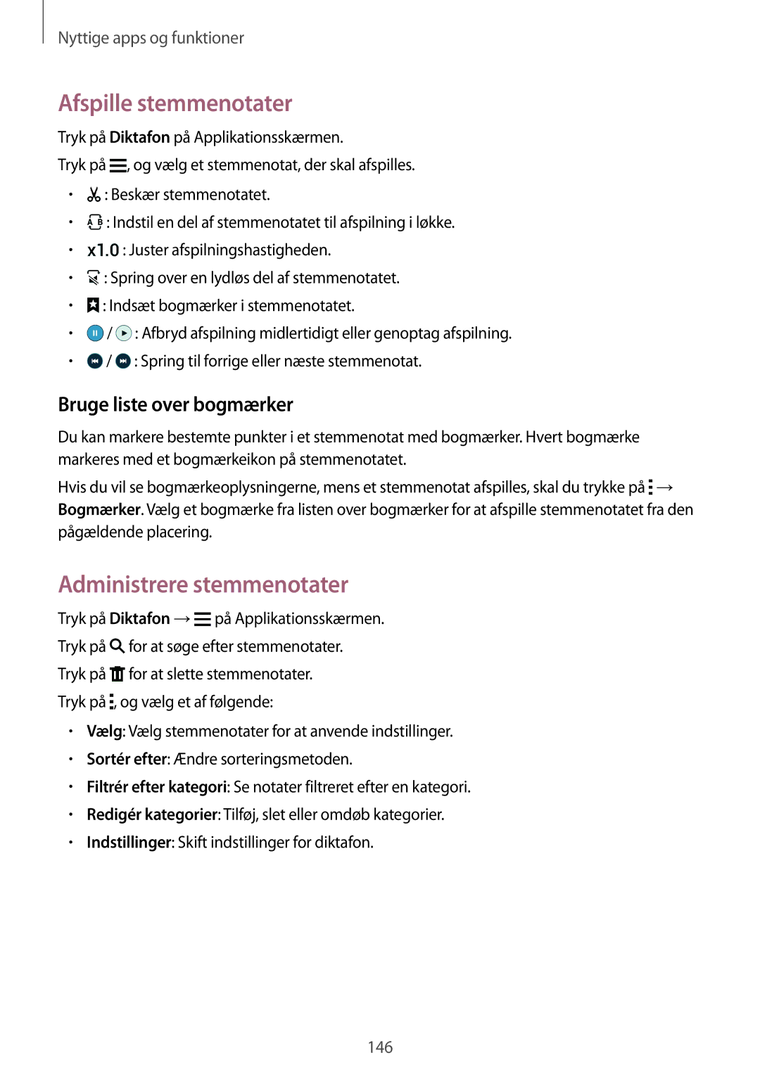 Samsung SM-G850FZKEVDS, SM-G850FZBENEE manual Afspille stemmenotater, Administrere stemmenotater, Bruge liste over bogmærker 