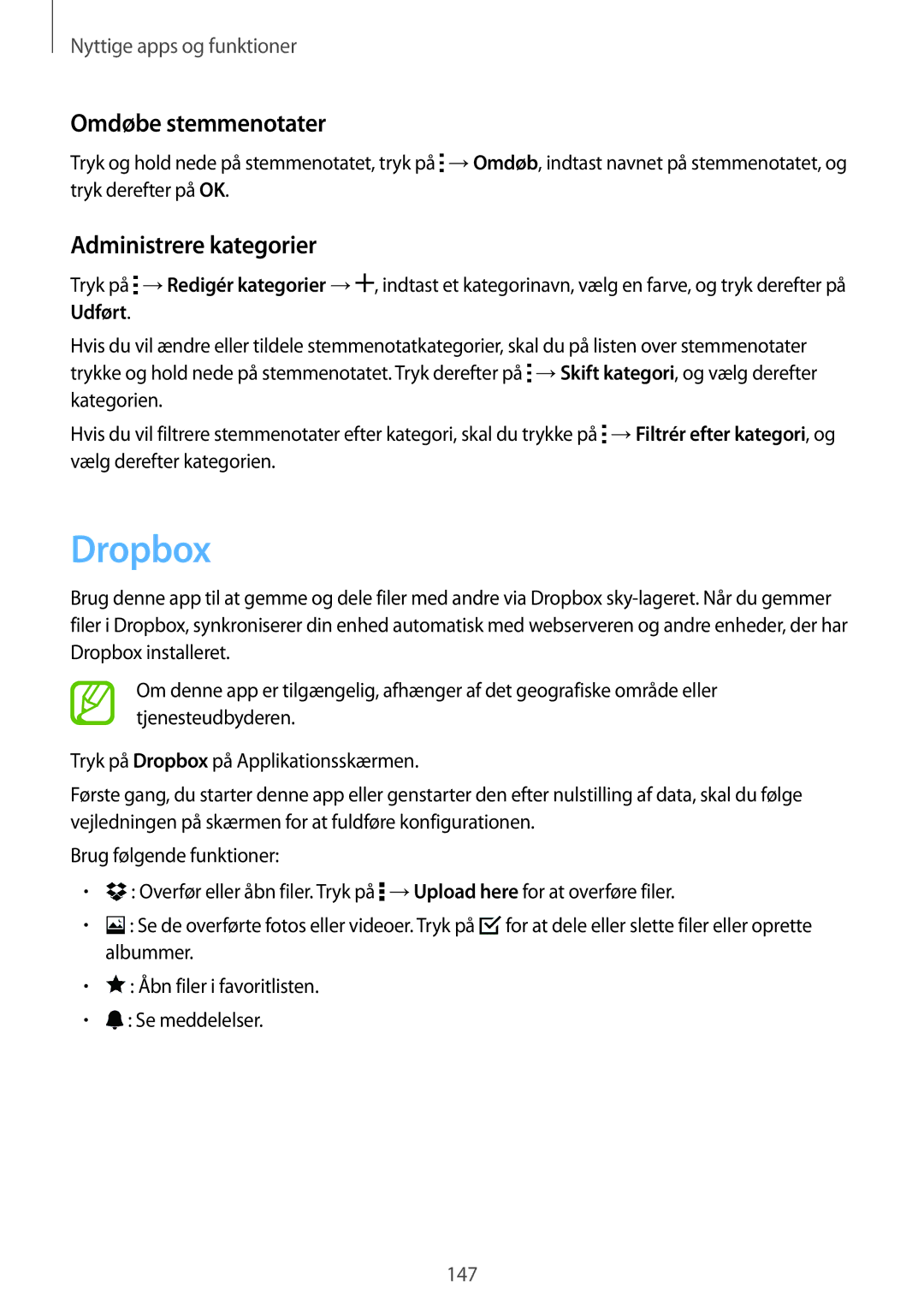 Samsung SM-G850FZDEHTS, SM-G850FZBENEE, SM-G850FZKENEE manual Dropbox, Omdøbe stemmenotater, Administrere kategorier 