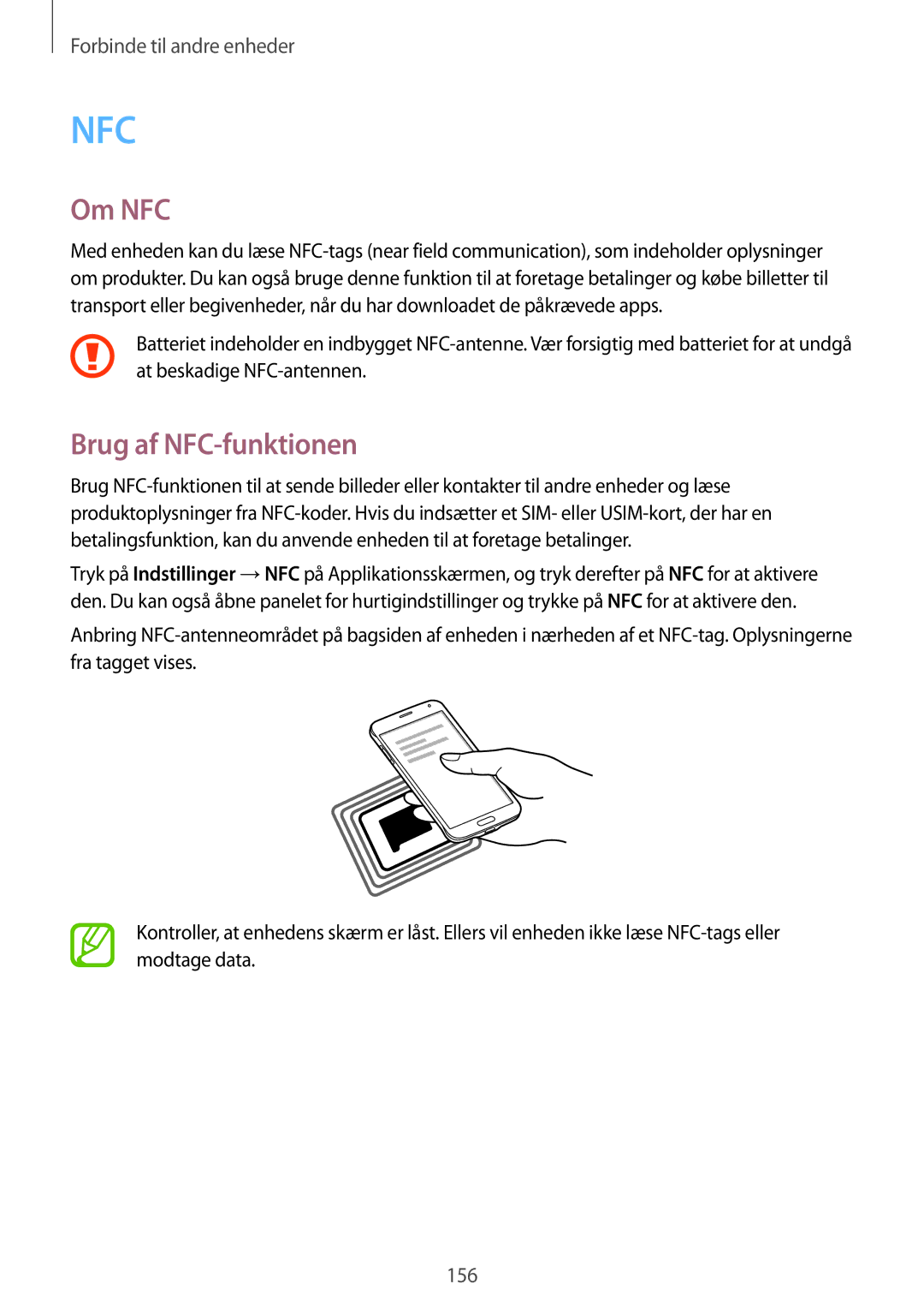 Samsung SM-G850FHSETEN, SM-G850FZBENEE, SM-G850FZKENEE, SM-G850FZDENEE, SM-G850FZWENEE manual Om NFC, Brug af NFC-funktionen 