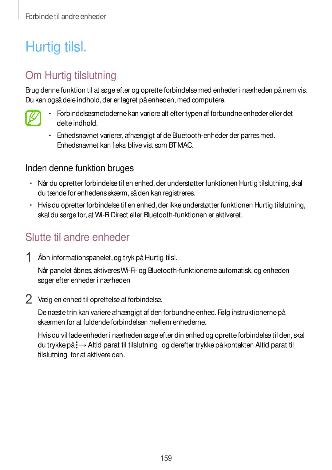 Samsung SM-G850FZKANEE, SM-G850FZBENEE, SM-G850FZKENEE manual Om Hurtig tilslutning, Inden denne funktion bruges 