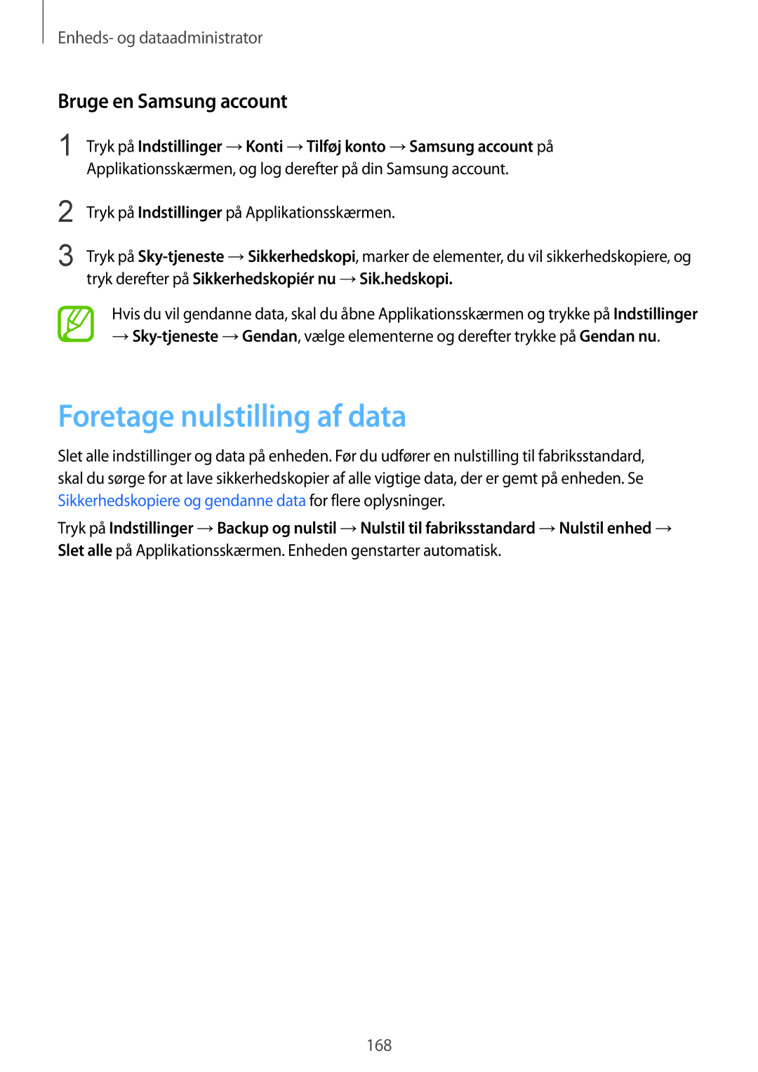 Samsung SM-G850FHSEHTS, SM-G850FZBENEE, SM-G850FZKENEE manual Foretage nulstilling af data, Bruge en Samsung account 