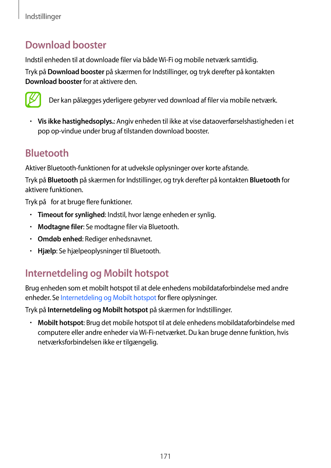 Samsung SM-G850FZBENEE, SM-G850FZKENEE, SM-G850FZDENEE manual Download booster, Bluetooth, Internetdeling og Mobilt hotspot 