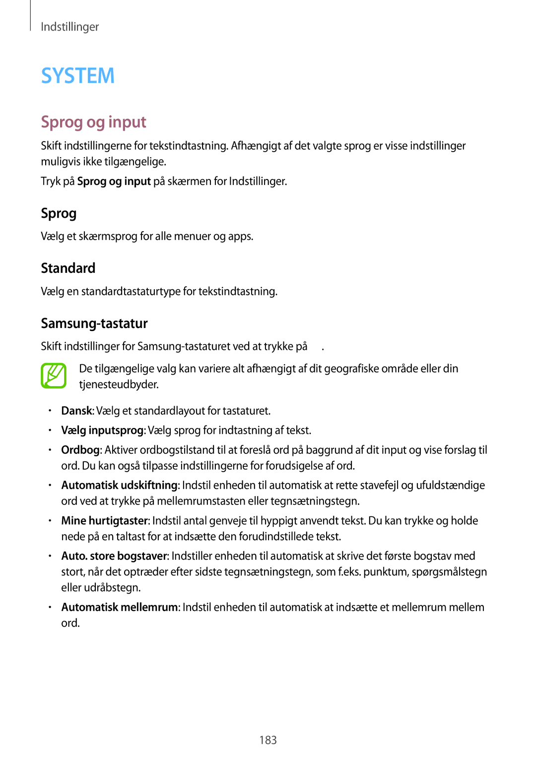 Samsung SM-G850FZWANEE, SM-G850FZBENEE, SM-G850FZKENEE, SM-G850FZDENEE manual Sprog og input, Standard, Samsung-tastatur 