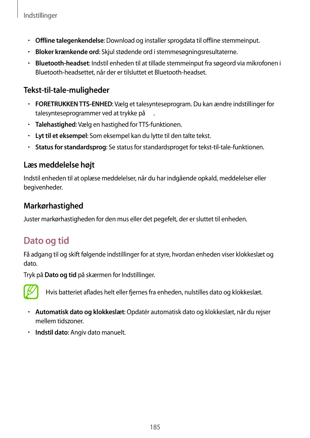 Samsung SM-G850FZDEHTS, SM-G850FZBENEE manual Dato og tid, Tekst-til-tale-muligheder, Læs meddelelse højt, Markørhastighed 