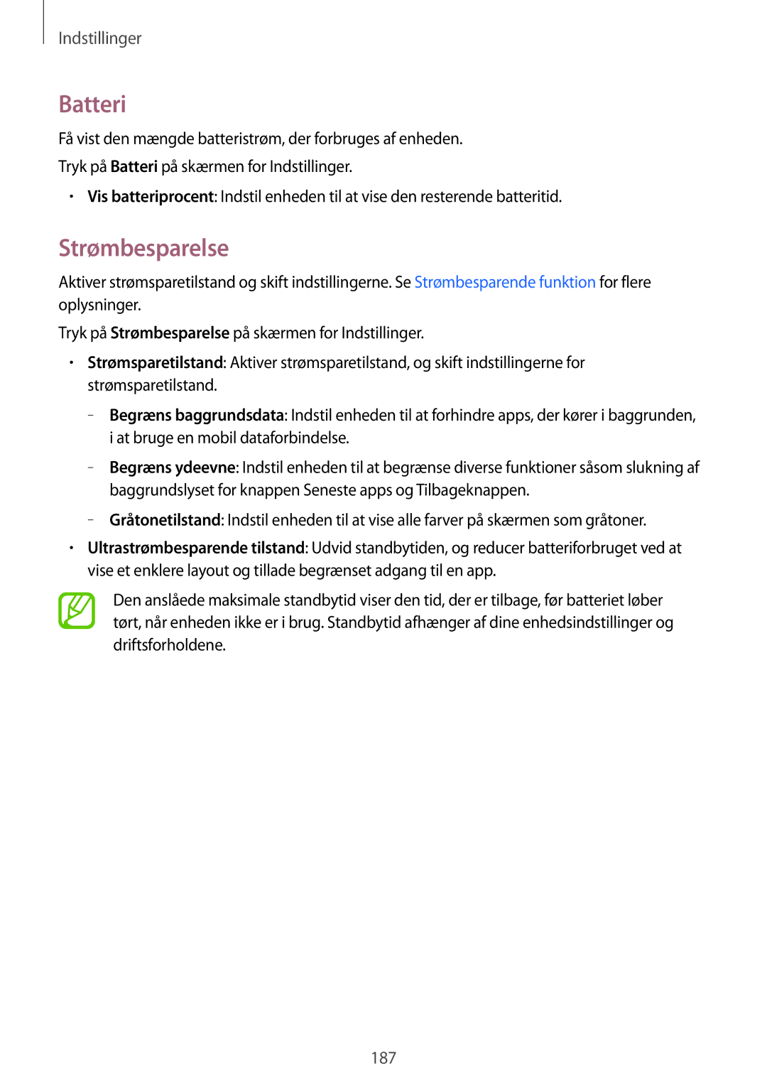 Samsung SM-G850FHSEHTS, SM-G850FZBENEE, SM-G850FZKENEE manual Batteri, Strømbesparelse, At bruge en mobil dataforbindelse 