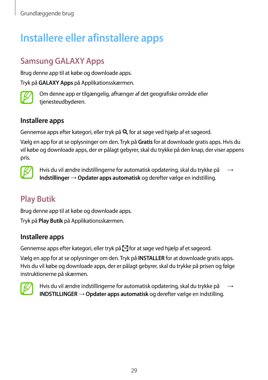 Samsung SM-G850FZKETEN manual Installere eller afinstallere apps, Samsung Galaxy Apps, Play Butik, Installere apps 