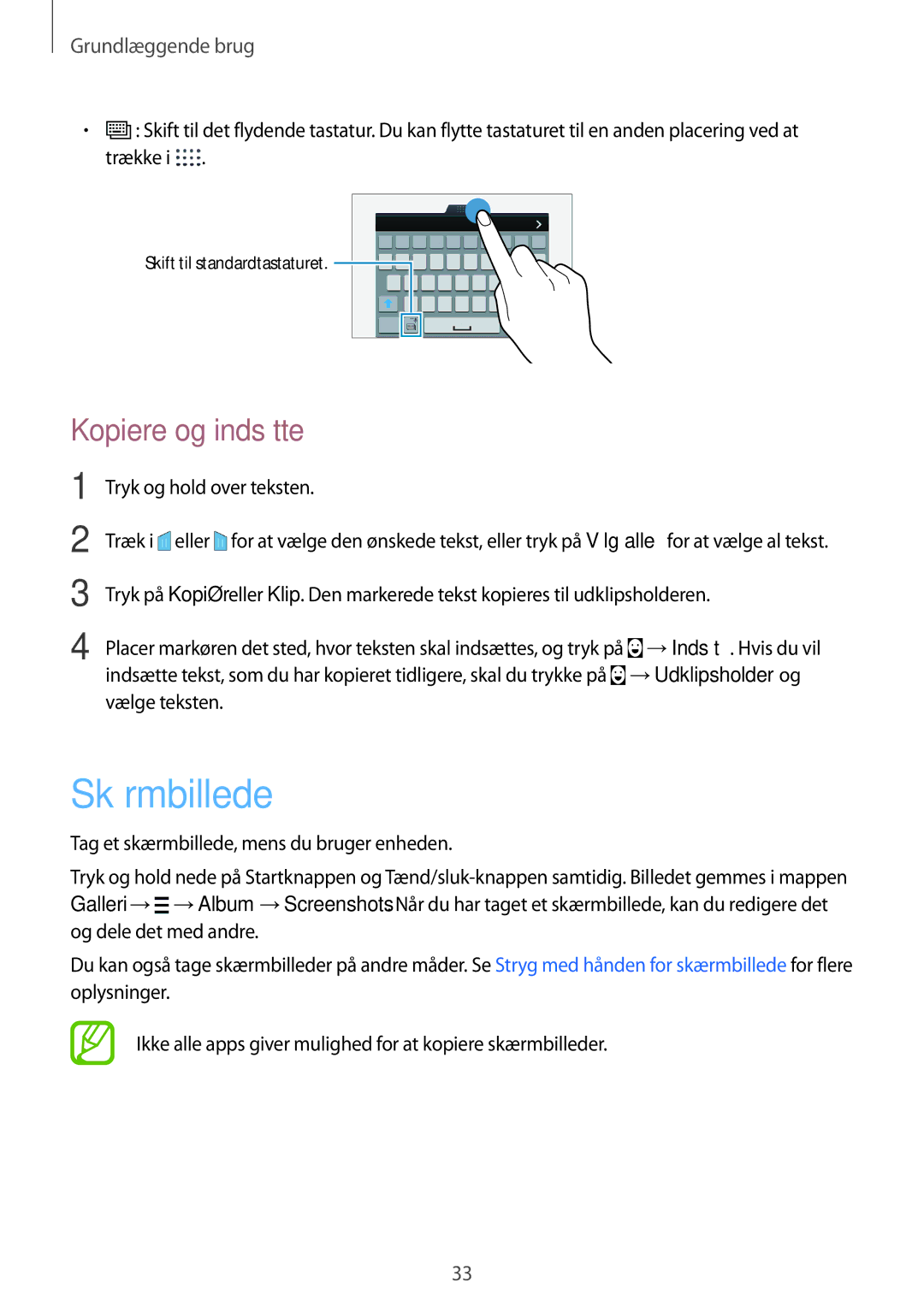 Samsung SM-G850FZDEHTS, SM-G850FZBENEE, SM-G850FZKENEE manual Skærmbillede, Kopiere og indsætte, Tryk og hold over teksten 