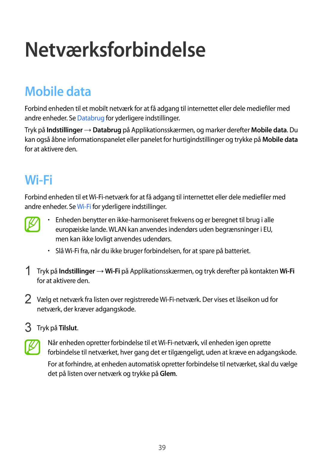 Samsung SM-G850FZKENEE, SM-G850FZBENEE, SM-G850FZDENEE, SM-G850FZWENEE manual Netværksforbindelse, Mobile data, Wi-Fi 