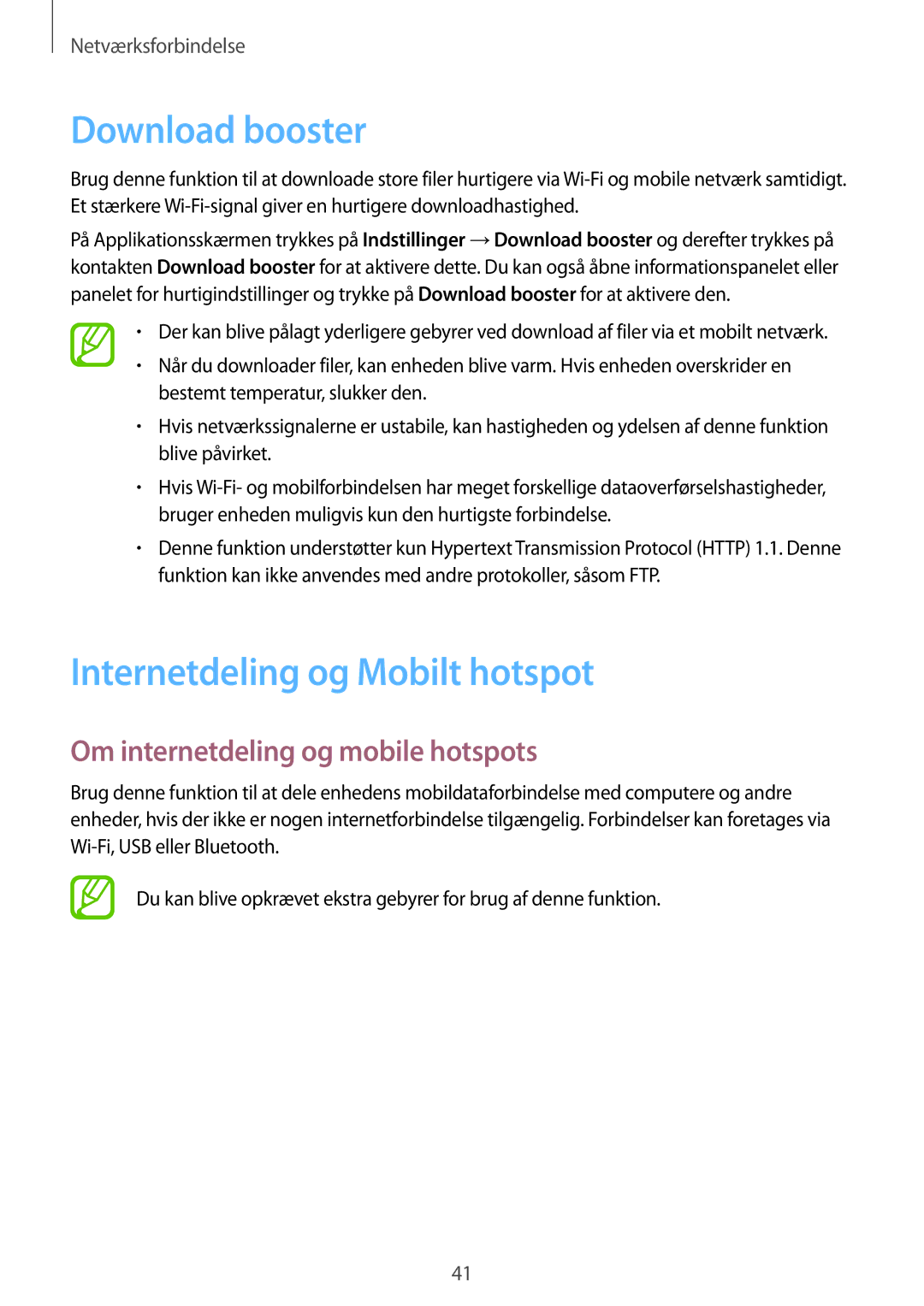 Samsung SM-G850FZWENEE manual Download booster, Internetdeling og Mobilt hotspot, Om internetdeling og mobile hotspots 