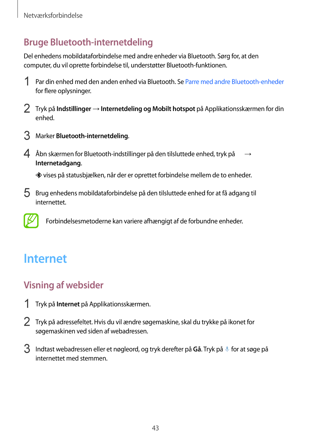 Samsung SM-G850FZDANEE, SM-G850FZBENEE, SM-G850FZKENEE manual Internet, Bruge Bluetooth-internetdeling, Visning af websider 