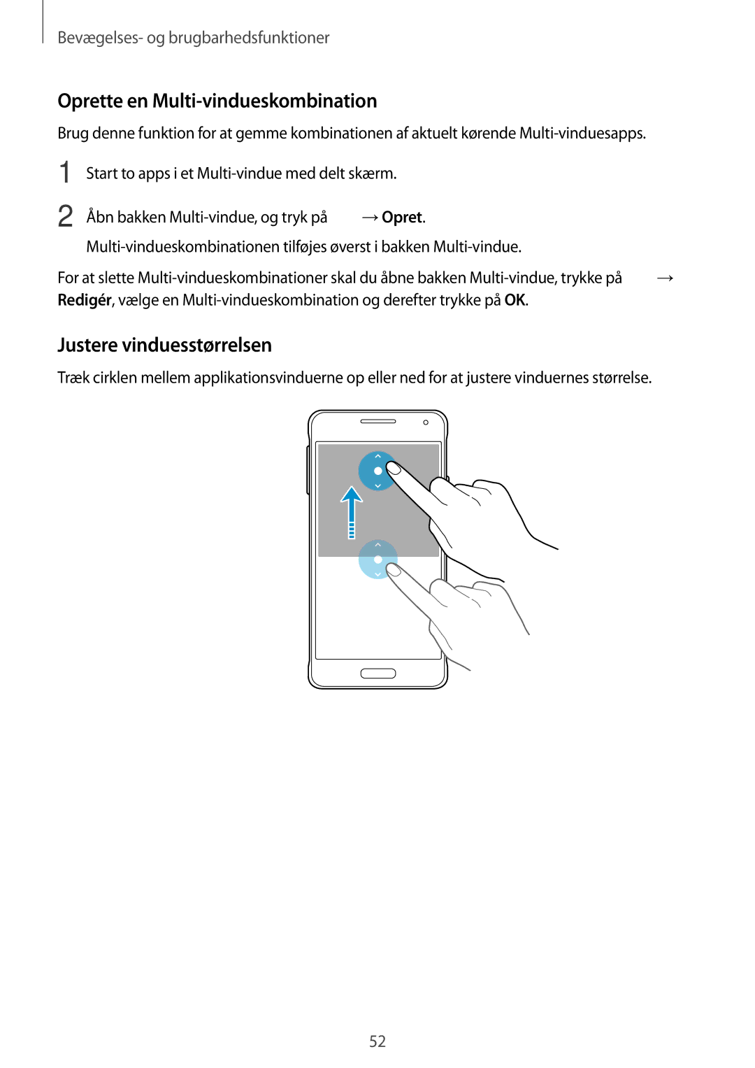 Samsung SM-G850FZDEHTS, SM-G850FZBENEE, SM-G850FZKENEE manual Oprette en Multi-vindueskombination, Justere vinduesstørrelsen 