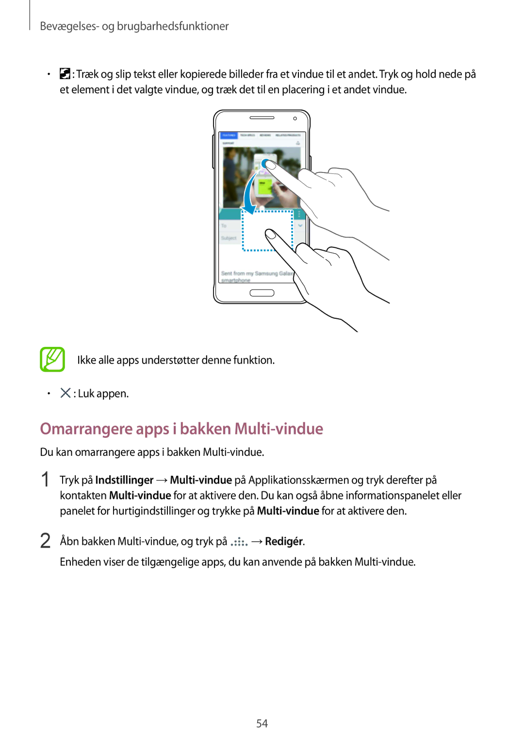 Samsung SM-G850FHSEHTS manual Omarrangere apps i bakken Multi-vindue, Ikke alle apps understøtter denne funktion Luk appen 