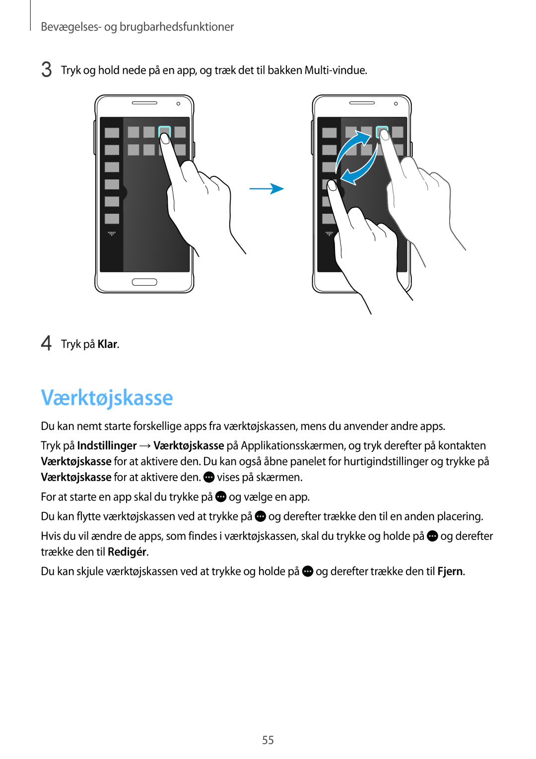 Samsung SM-G850FHSENEE, SM-G850FZBENEE manual Værktøjskasse, For at starte en app skal du trykke på og vælge en app 