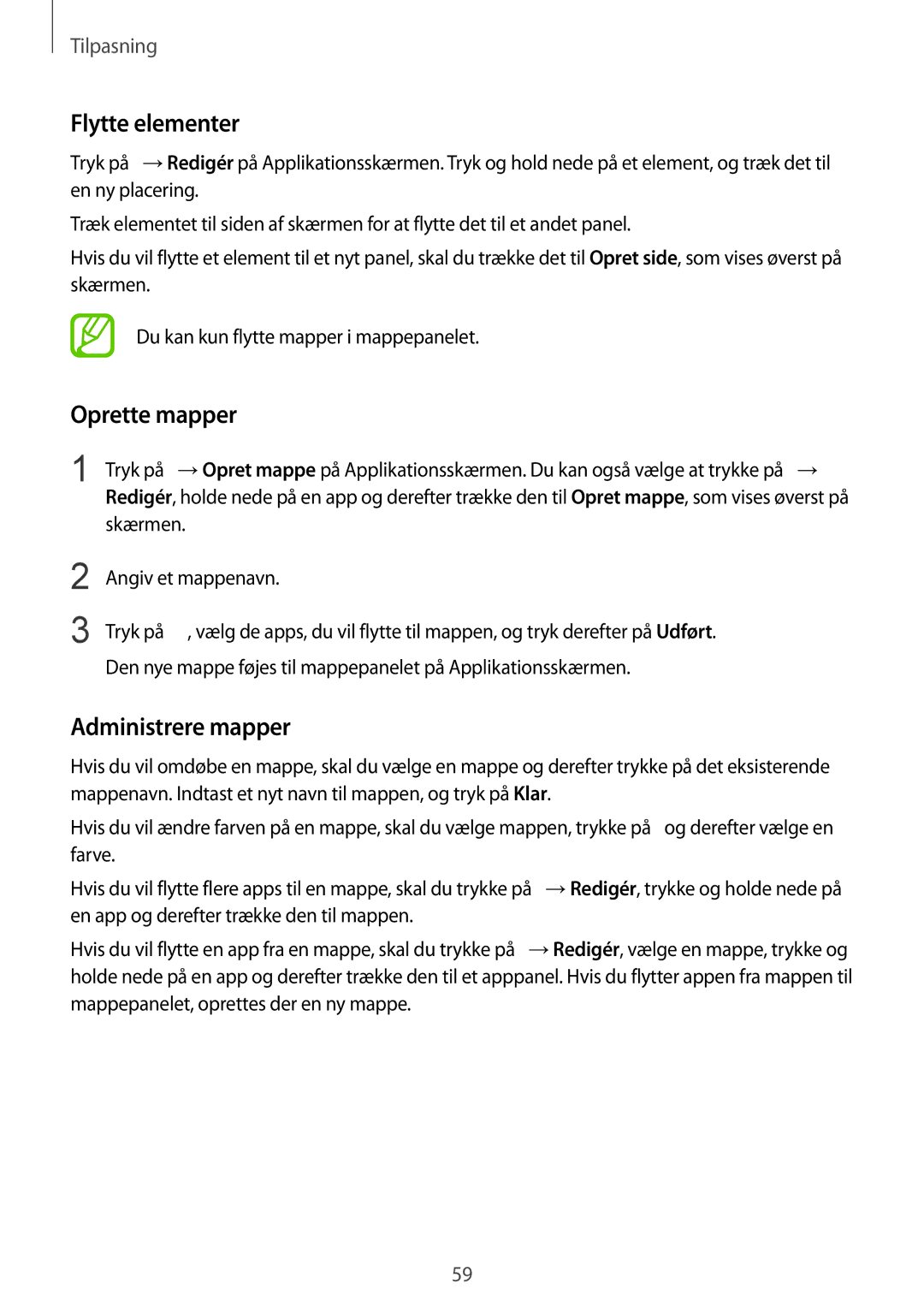 Samsung SM-G850FZDENEE, SM-G850FZBENEE, SM-G850FZKENEE, SM-G850FZWENEE, SM-G850FHSETEN manual Flytte elementer, Oprette mapper 