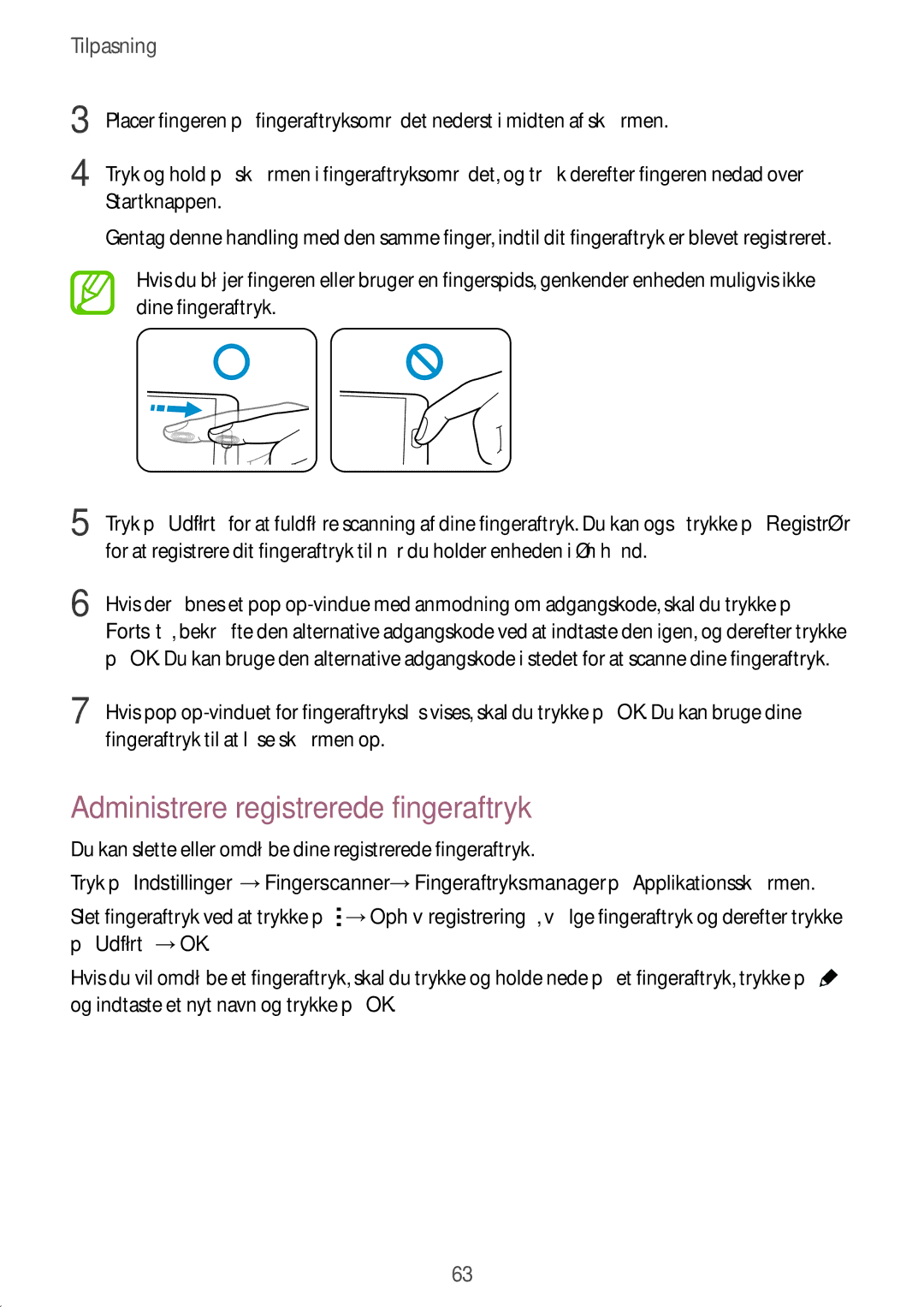 Samsung SM-G850FZDEVDS, SM-G850FZBENEE manual Administrere registrerede fingeraftryk, Fingeraftryk til at låse skærmen op 