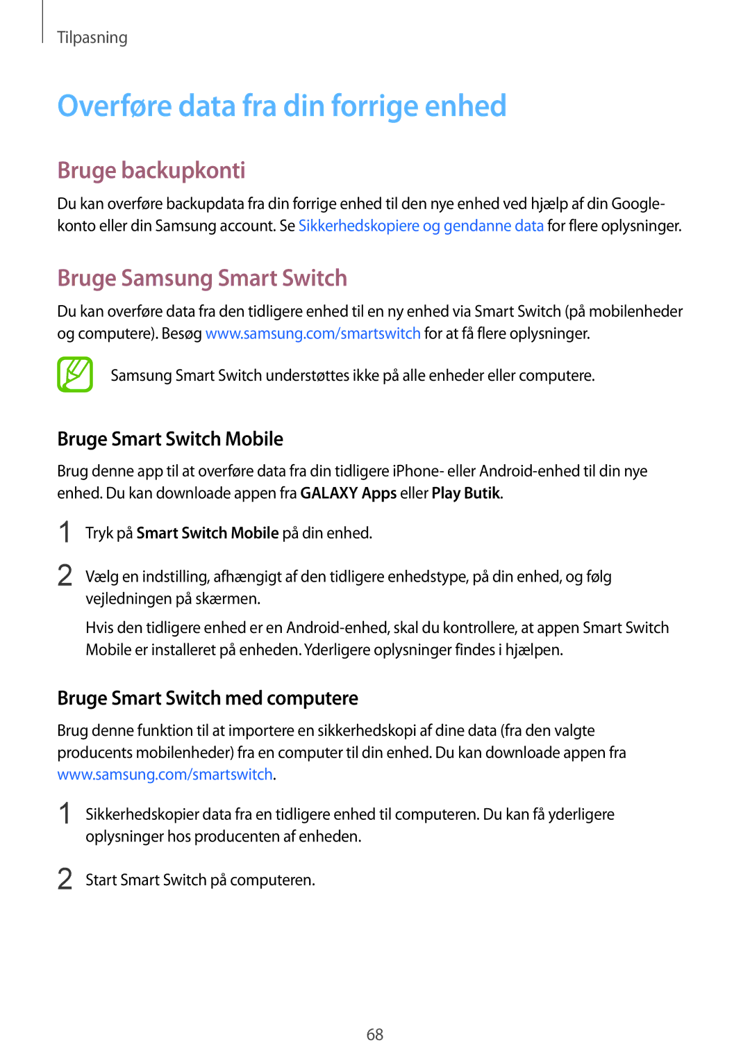 Samsung SM-G850FZWETEN, SM-G850FZBENEE Overføre data fra din forrige enhed, Bruge backupkonti, Bruge Samsung Smart Switch 