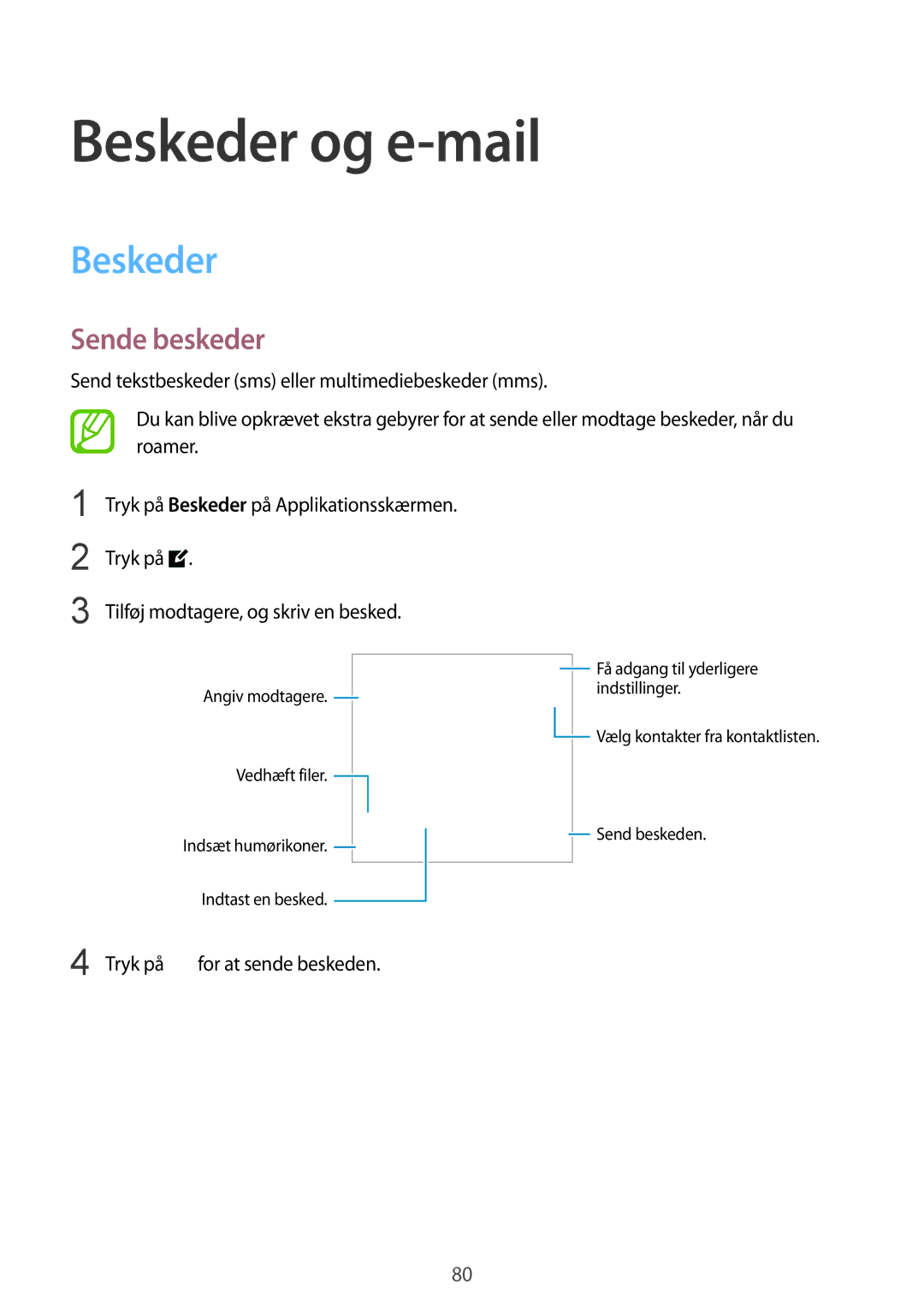 Samsung SM-G850FHSETEN, SM-G850FZBENEE manual Beskeder og e-mail, Sende beskeder, Tilføj modtagere, og skriv en besked 