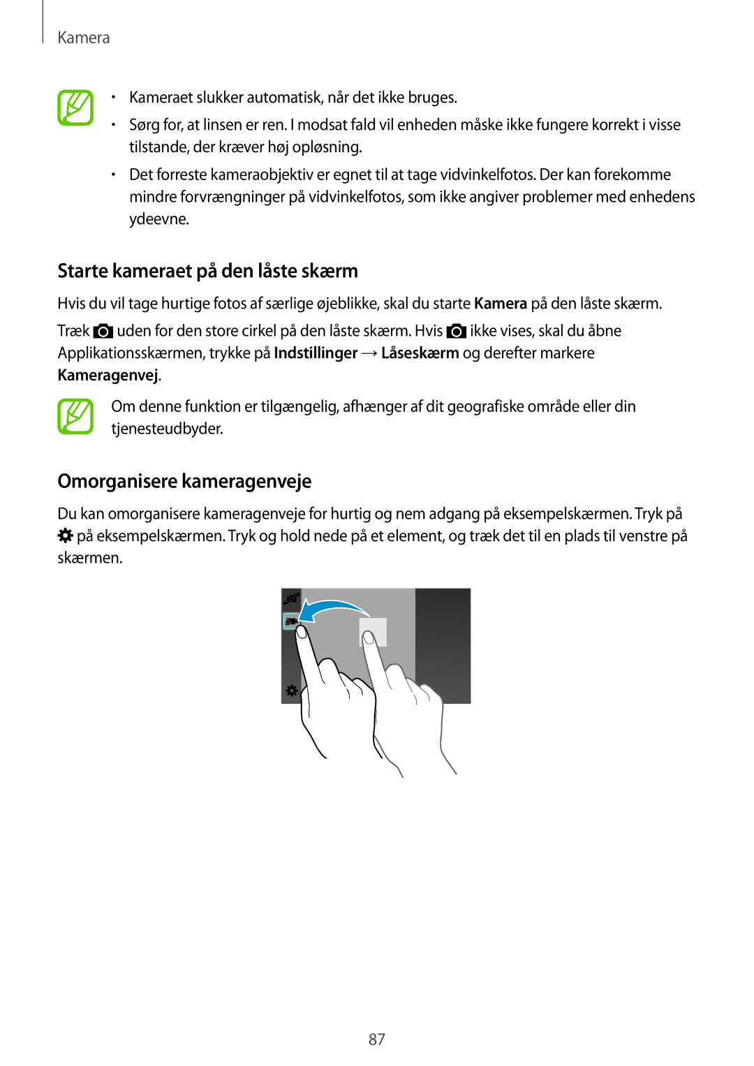 Samsung SM-G850FZWETEN, SM-G850FZBENEE manual Starte kameraet på den låste skærm, Omorganisere kameragenveje, Skærmen 