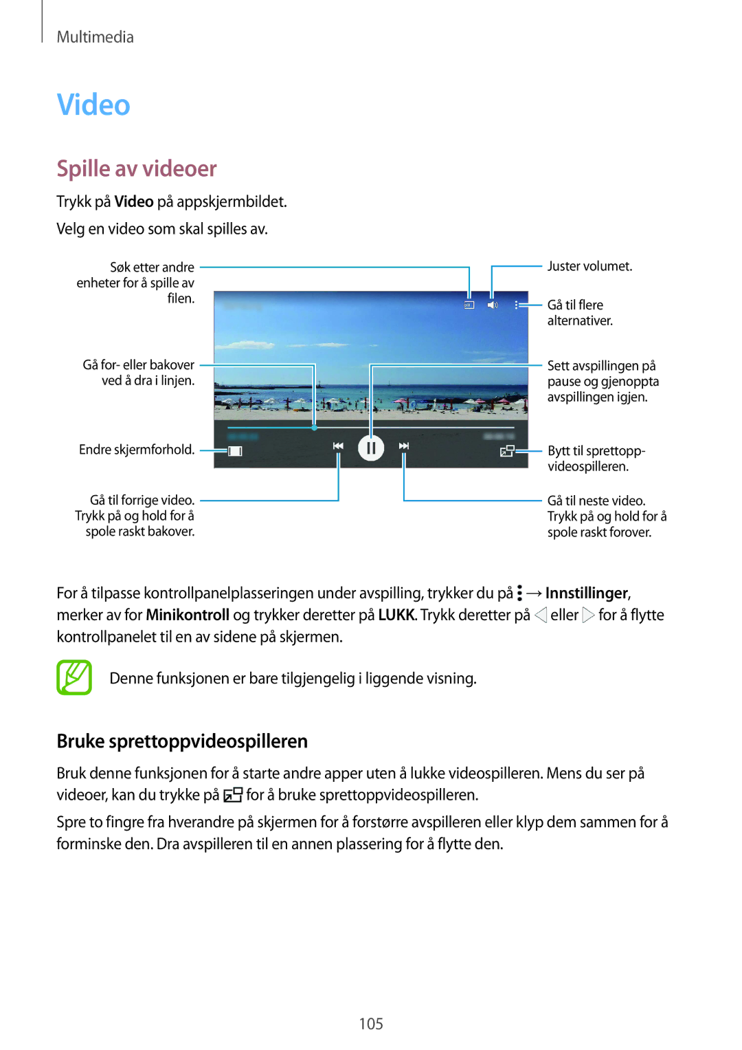 Samsung SM-G850FZKETEN, SM-G850FZBENEE, SM-G850FZKENEE manual Video, Spille av videoer, Bruke sprettoppvideospilleren 