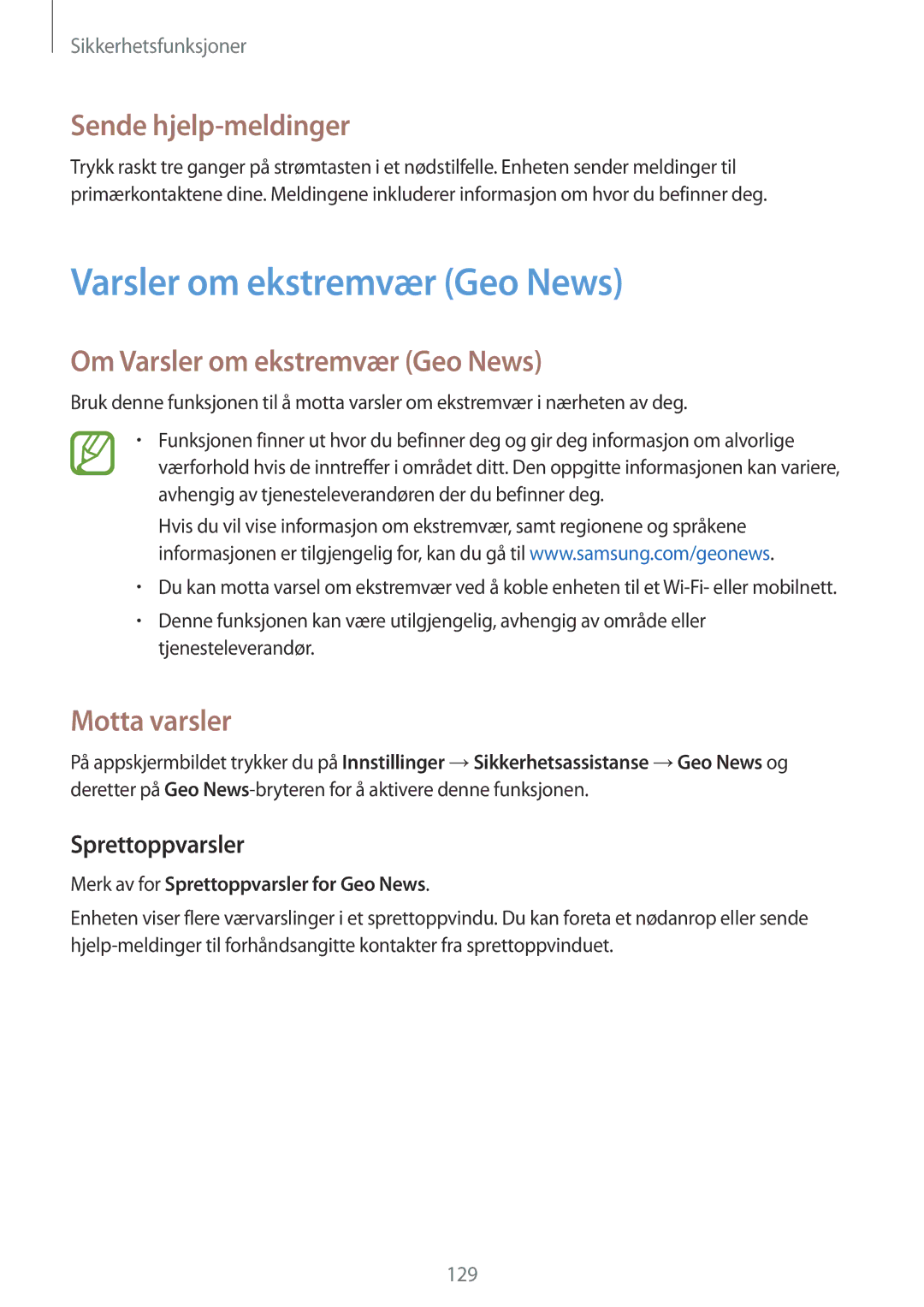 Samsung SM-G850FZKEHTS manual Sende hjelp-meldinger, Om Varsler om ekstremvær Geo News, Motta varsler, Sprettoppvarsler 