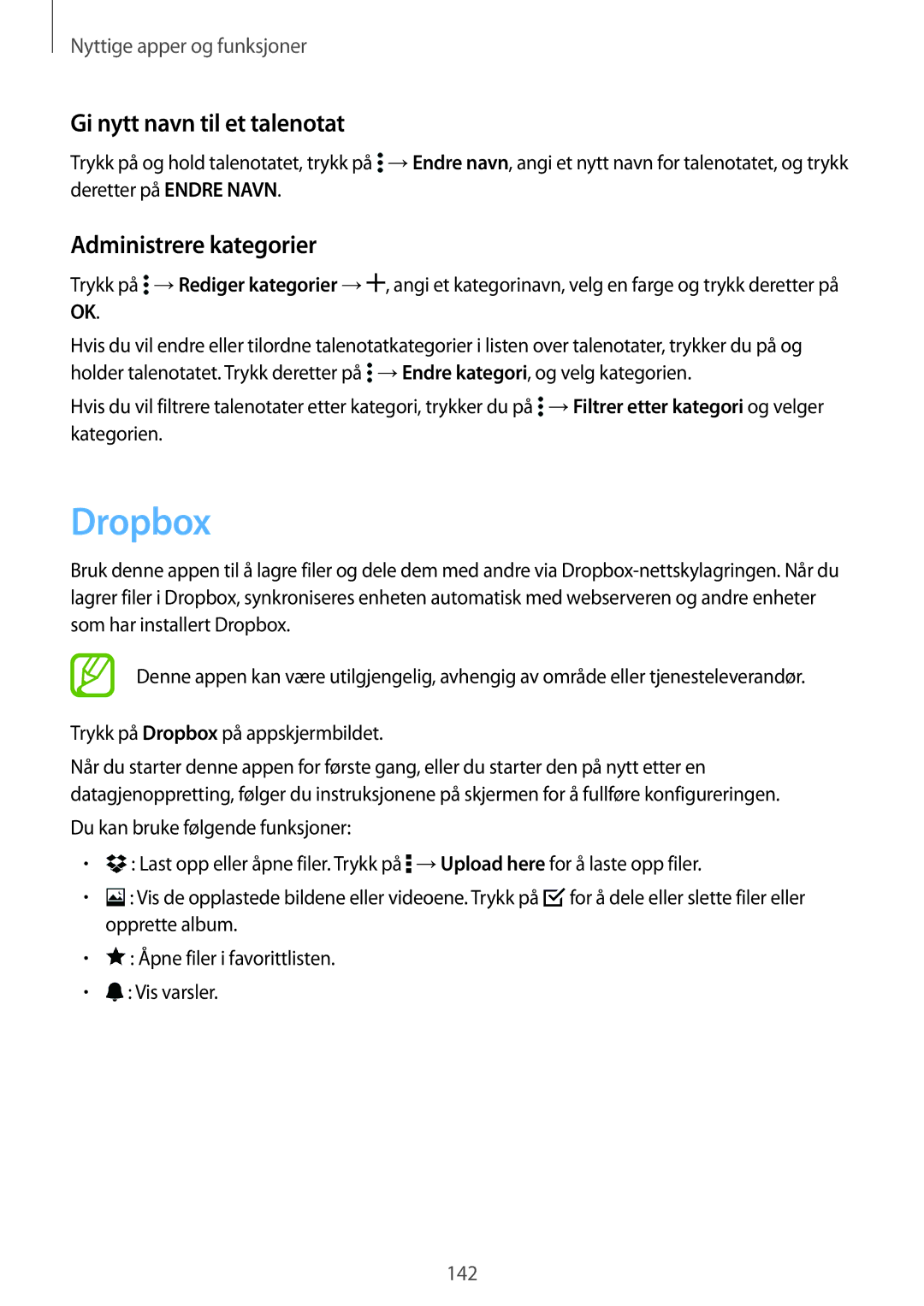 Samsung SM-G850FZBETEN, SM-G850FZBENEE, SM-G850FZKENEE manual Dropbox, Gi nytt navn til et talenotat, Administrere kategorier 