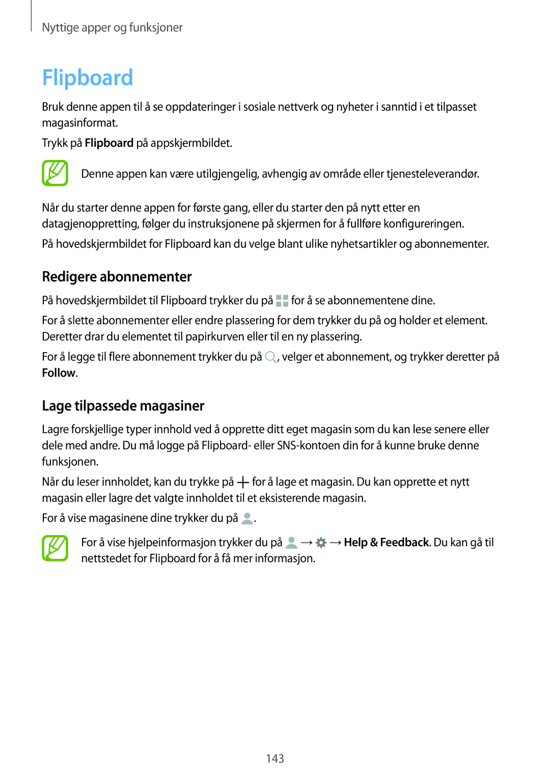 Samsung SM-G850FZKETEN, SM-G850FZBENEE, SM-G850FZKENEE manual Flipboard, Redigere abonnementer, Lage tilpassede magasiner 