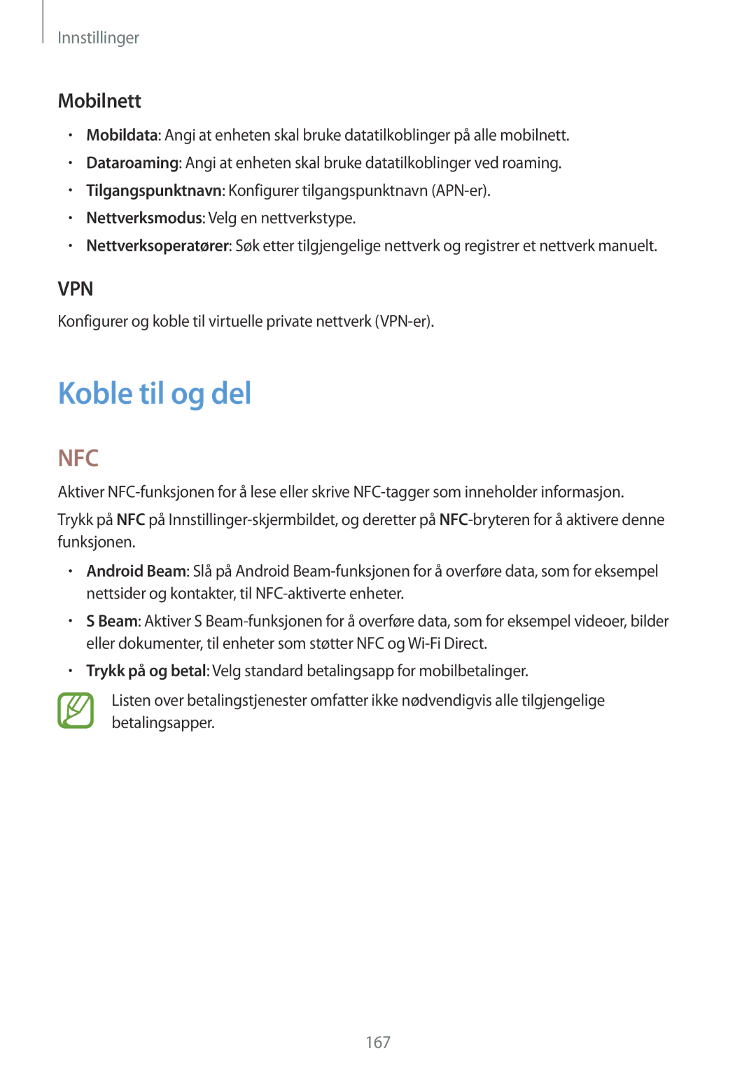 Samsung SM-G850FZKEHTS manual Koble til og del, Mobilnett, Konfigurer og koble til virtuelle private nettverk VPN-er 