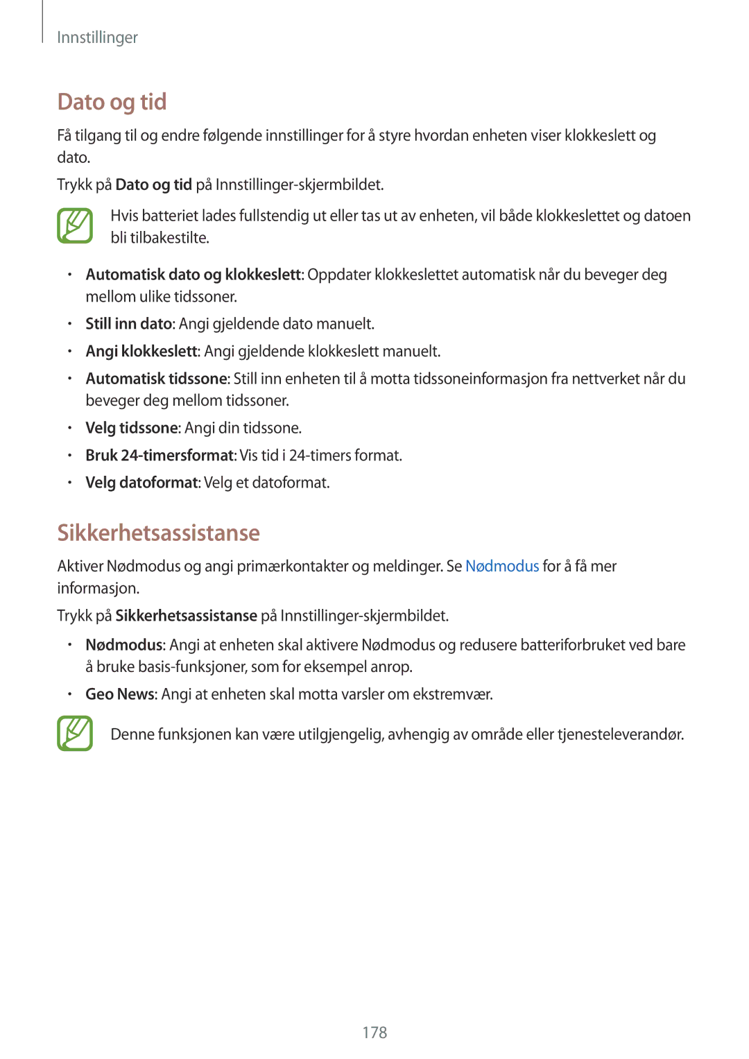 Samsung SM-G850FZKANEE, SM-G850FZBENEE, SM-G850FZKENEE, SM-G850FZDENEE, SM-G850FZWENEE manual Dato og tid, Sikkerhetsassistanse 