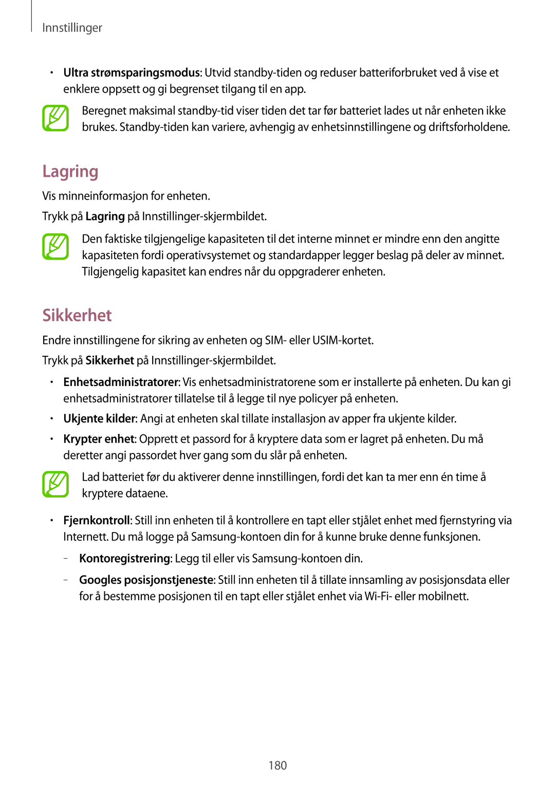 Samsung SM-G850FZBETEN, SM-G850FZBENEE manual Lagring, Sikkerhet, Kontoregistrering Legg til eller vis Samsung-kontoen din 