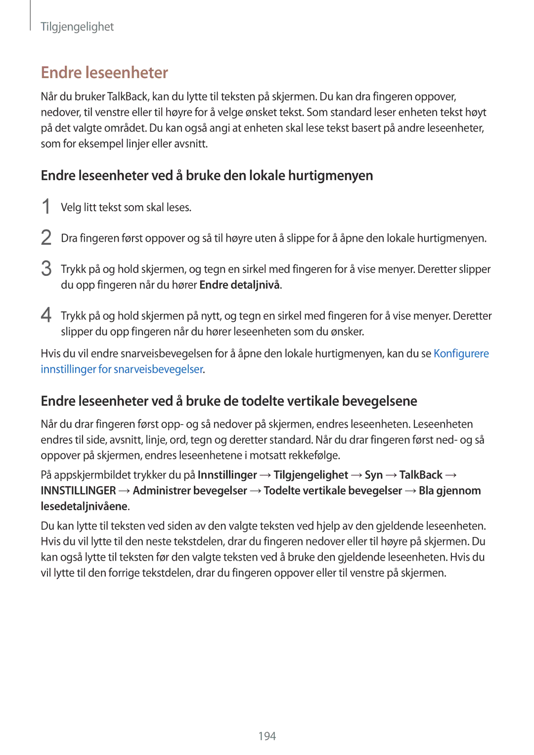 Samsung SM-G850FHSETEN manual Endre leseenheter ved å bruke den lokale hurtigmenyen, Velg litt tekst som skal leses 