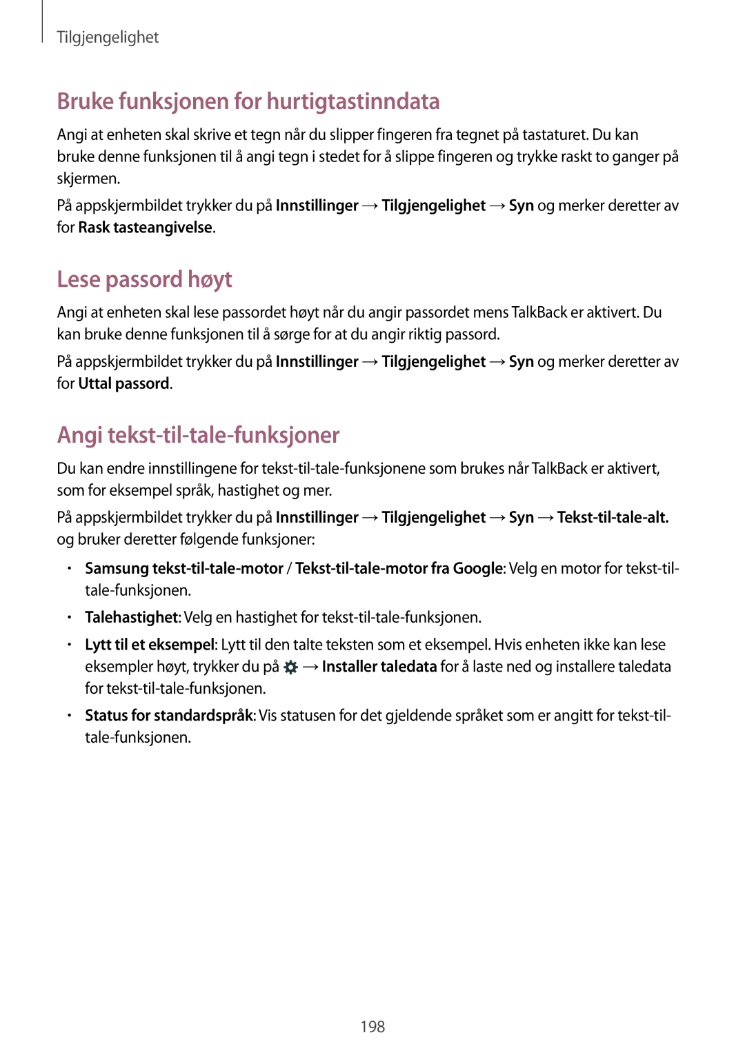 Samsung SM-G850FZBANEE manual Bruke funksjonen for hurtigtastinndata, Lese passord høyt, Angi tekst-til-tale-funksjoner 