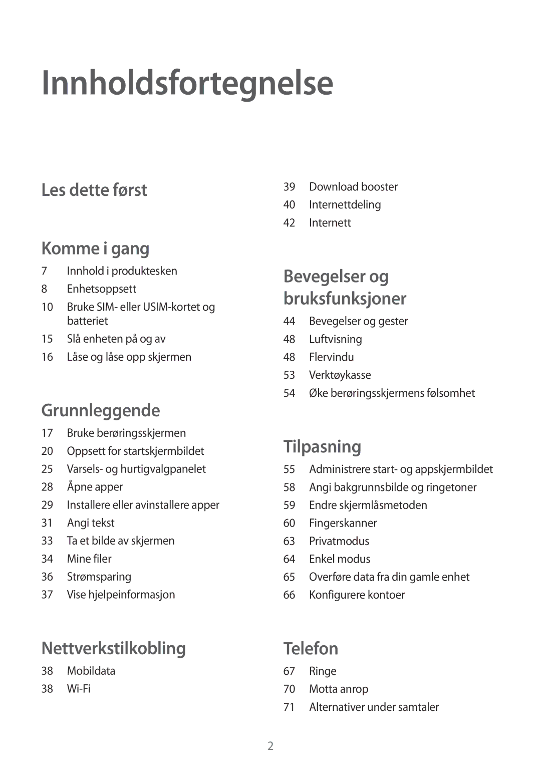 Samsung SM-G850FZDENEE, SM-G850FZBENEE manual Innholdsfortegnelse, Mobildata Wi-Fi Download booster Internettdeling 