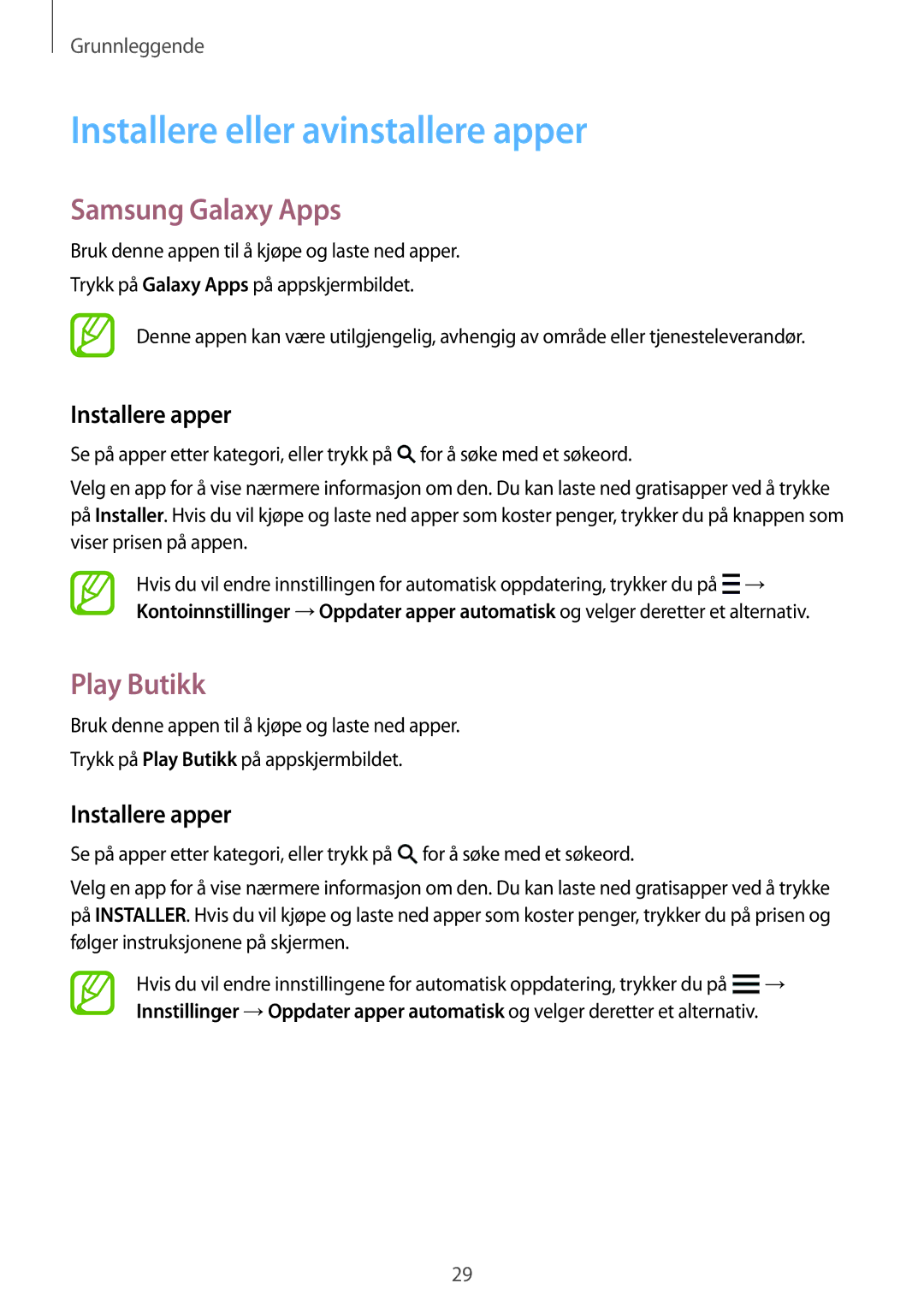 Samsung SM-G850FZKETEN manual Installere eller avinstallere apper, Samsung Galaxy Apps, Play Butikk, Installere apper 