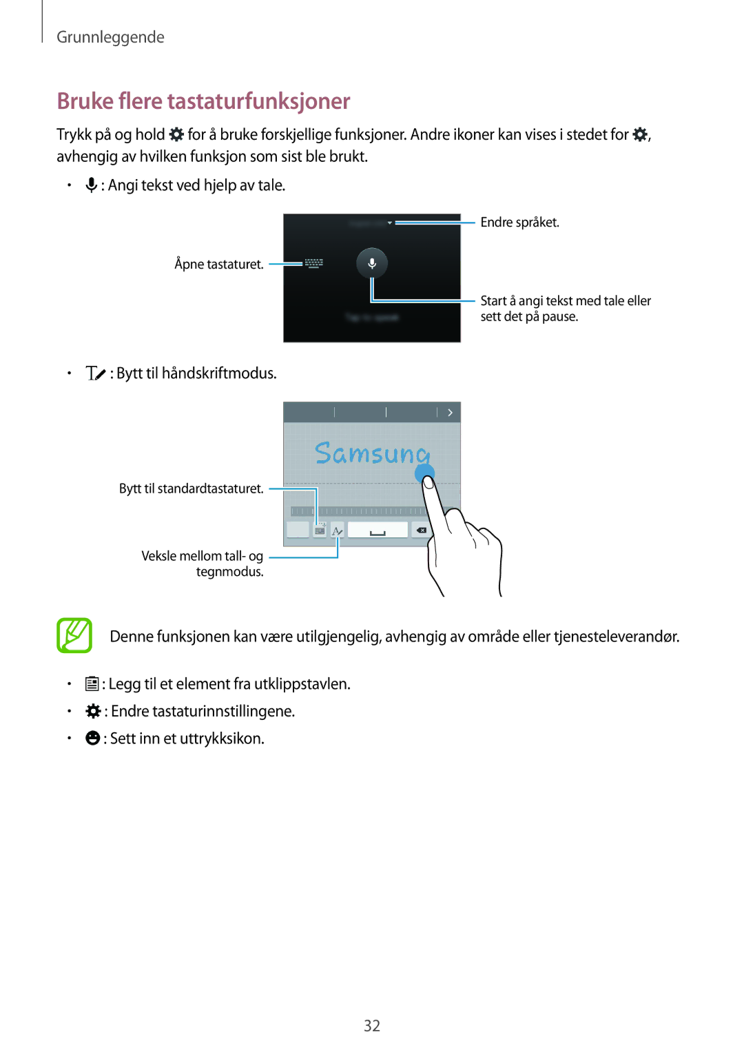 Samsung SM-G850FZKEVDS, SM-G850FZBENEE, SM-G850FZKENEE manual Bruke flere tastaturfunksjoner, Bytt til håndskriftmodus 