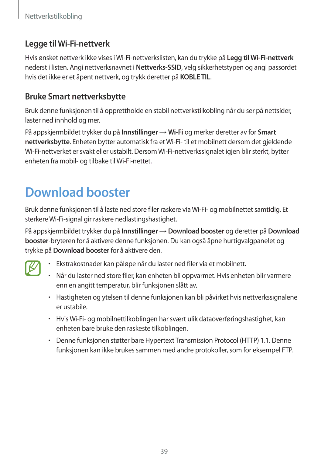 Samsung SM-G850FZKENEE, SM-G850FZBENEE manual Download booster, Legge til Wi-Fi-nettverk, Bruke Smart nettverksbytte 