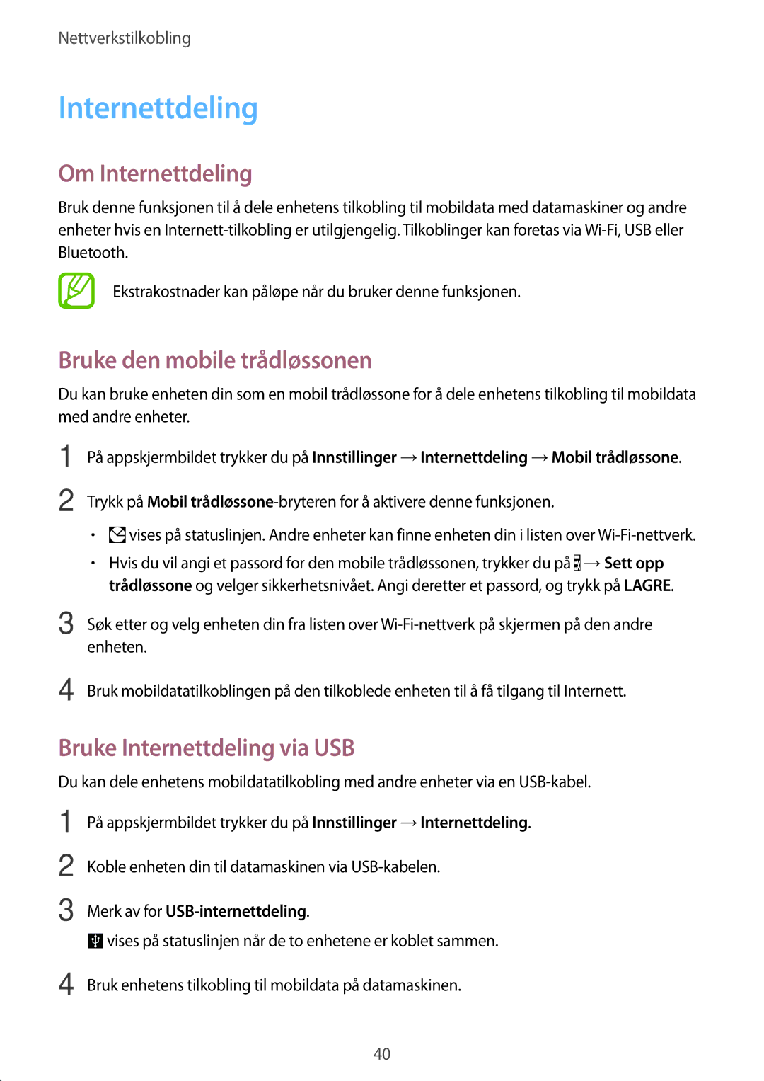 Samsung SM-G850FZDENEE manual Om Internettdeling, Bruke den mobile trådløssonen, Bruke Internettdeling via USB 