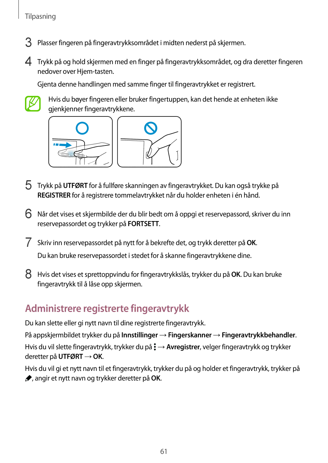 Samsung SM-G850FHSETEN, SM-G850FZBENEE Administrere registrerte fingeravtrykk, Reservepassordet og trykker på Fortsett 