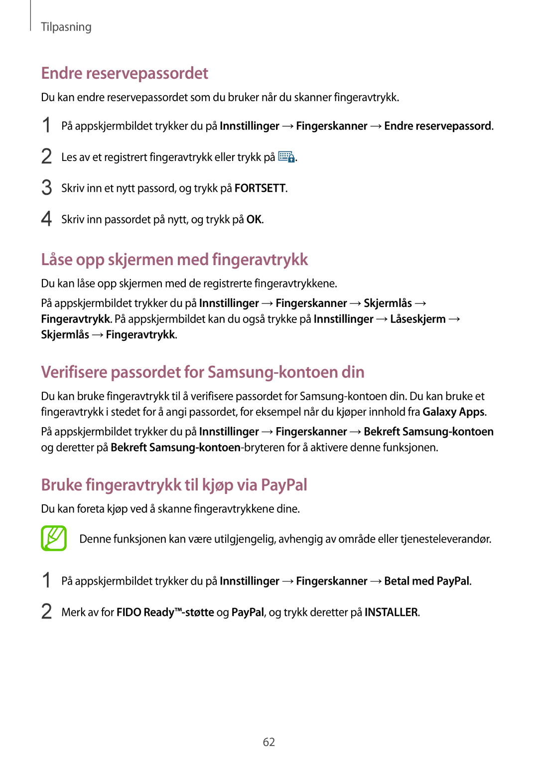 Samsung SM-G850FZDANEE, SM-G850FZBENEE, SM-G850FZKENEE manual Endre reservepassordet, Låse opp skjermen med fingeravtrykk 