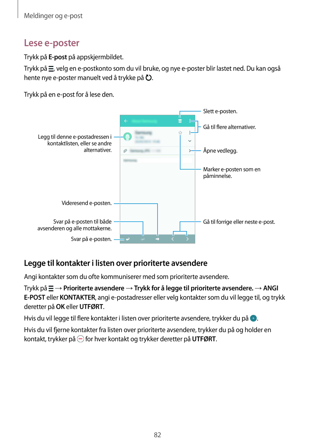 Samsung SM-G850FZDEVDS, SM-G850FZBENEE manual Lese e-poster, Legge til kontakter i listen over prioriterte avsendere 